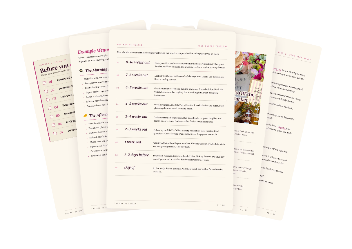 Sample pages from The Bridal Shower Playbook showing timelines, menus, checklists, and more